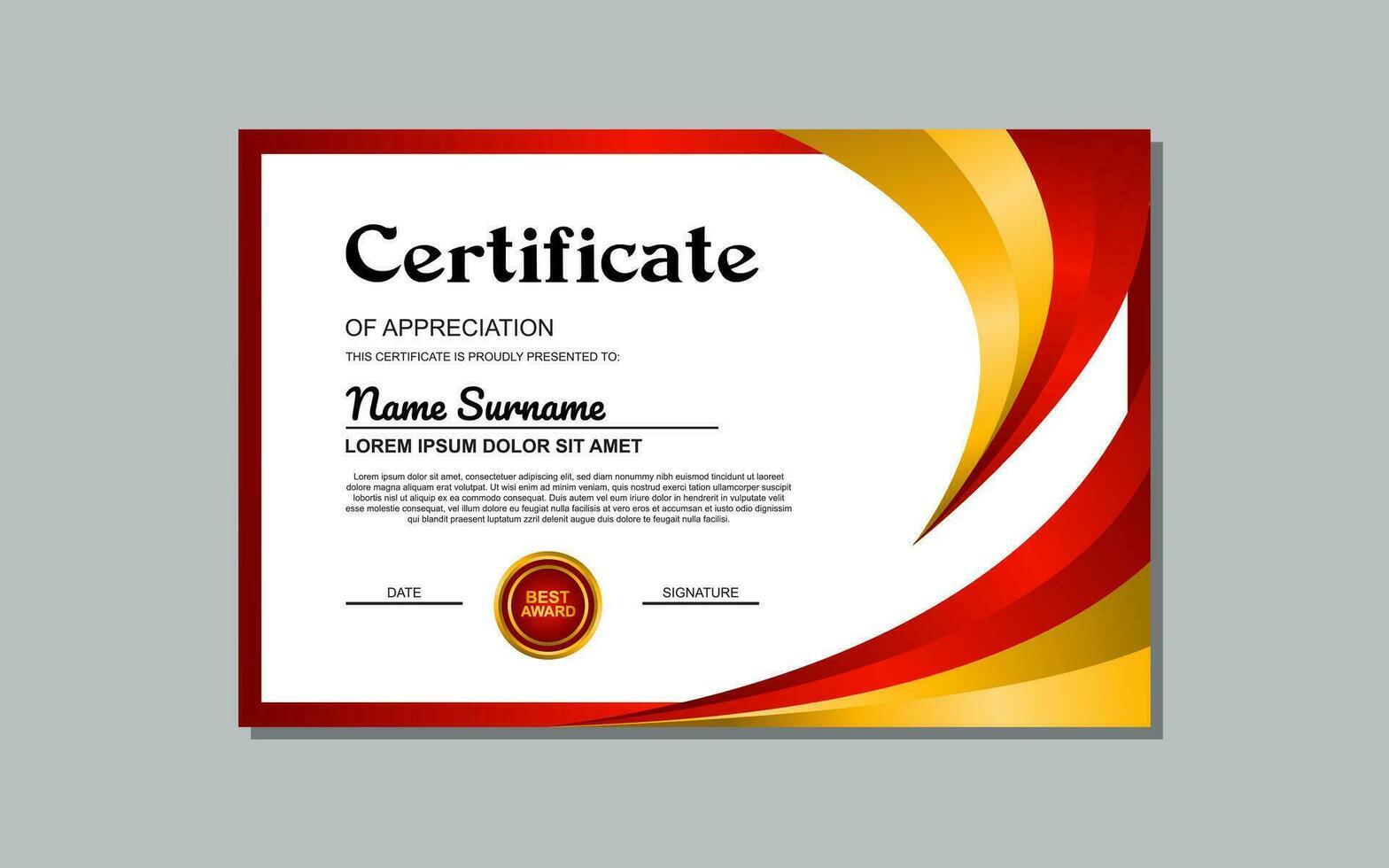 A certificate template with a red and yellow wavy design is a versatile asset suitable for creating eye-catching, modern certificates for various occasions and events. vector