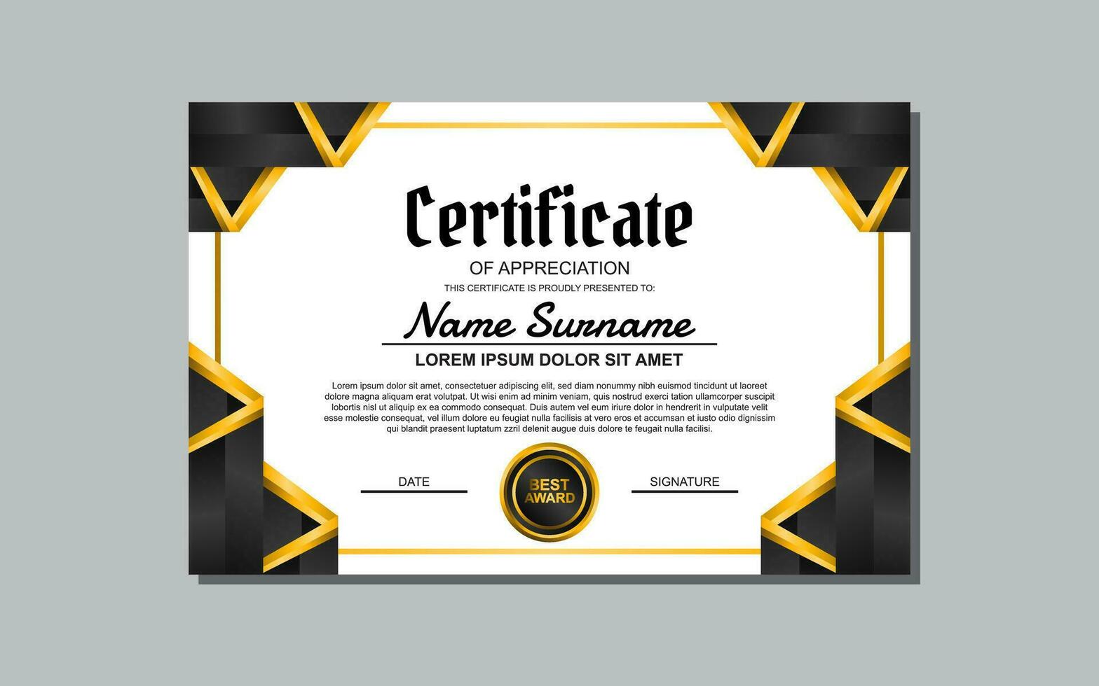 a certificate template with a gold and black design vector