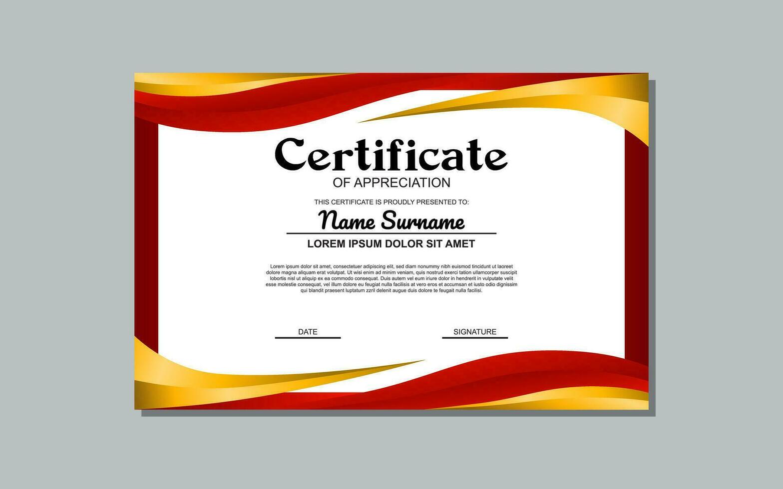 A certificate template with a red and yellow wavy design is a versatile asset suitable for creating eye-catching, modern certificates for various occasions and events. vector