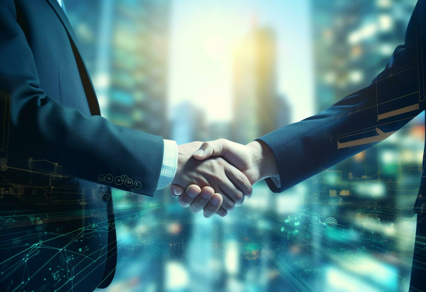 Ai generative photo american business male people shaking hands skyscrapers in the background