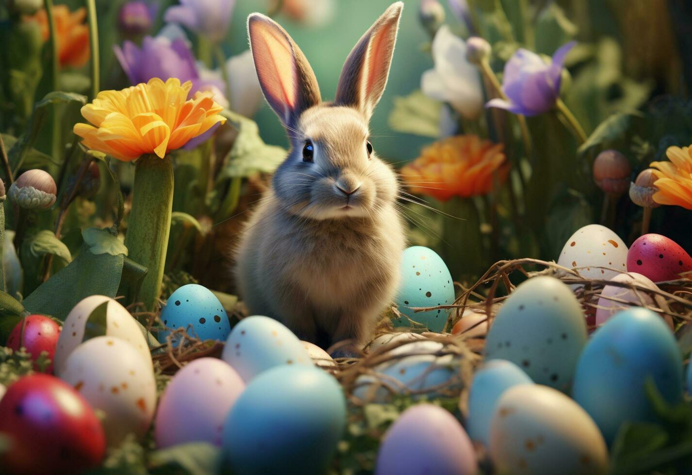 Ai generative photo happy bunny with many easter eggs on grass festive background for decorative design