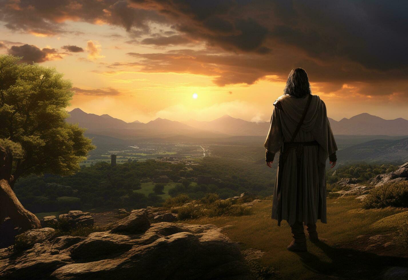 Ai generative Jesus Christ in the Hills at Sunset in Bolta realistic image, ultra hd, high design very detailed 8K photo