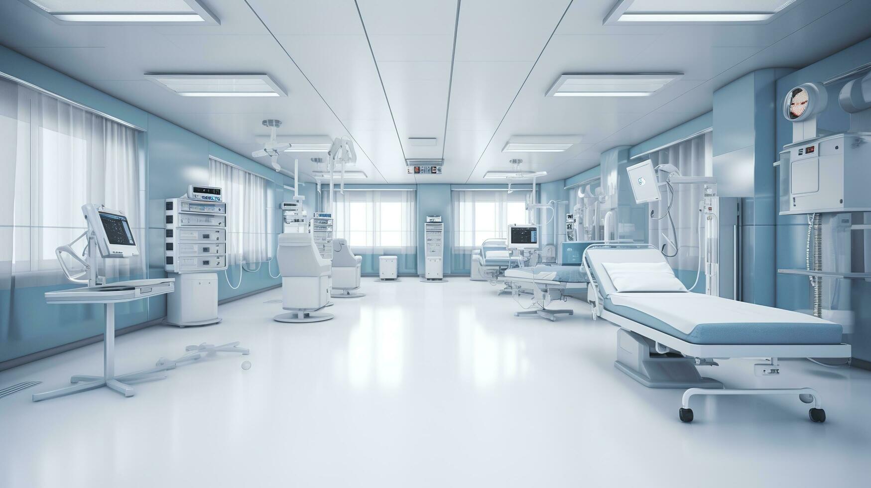 Healthcare Theme 3D Illustration of an Empty Emergency Room. AI Generative photo