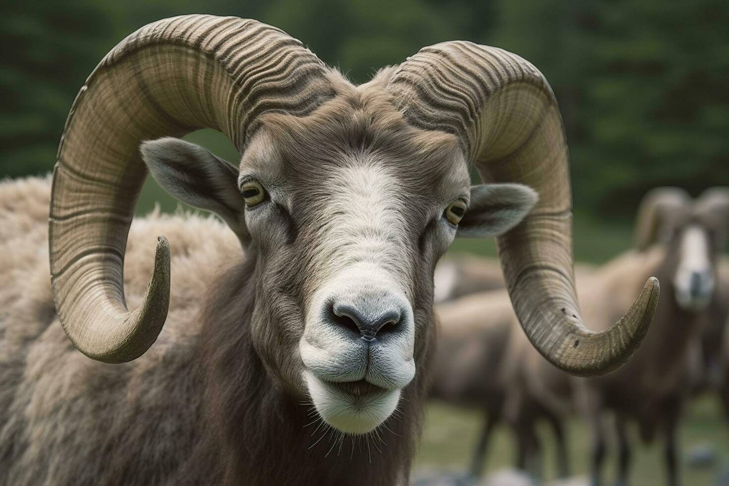 Close up of curious ram. Generative AI photo
