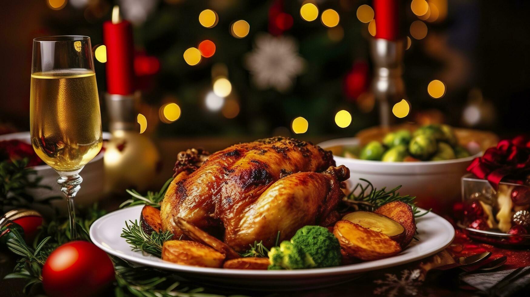 Juicy and tasty roast turkey on a plate with Christmas decorations. Roasted chicken with vegetables, Roast chicken party, all kinds of food, beer. AI Generative photo