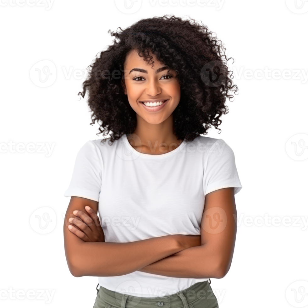 Happy black woman standing with arms crossed isolated 29284454 PNG