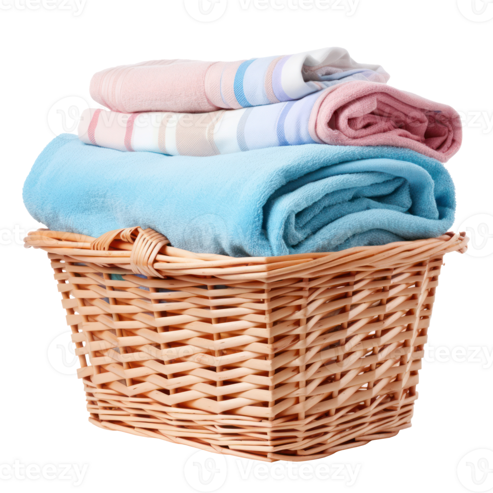 Wicker basket with clean laundry isolated png