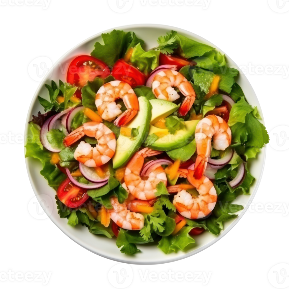 Salad from green leaves mix and vegetables with avocado and shrimps isolated png