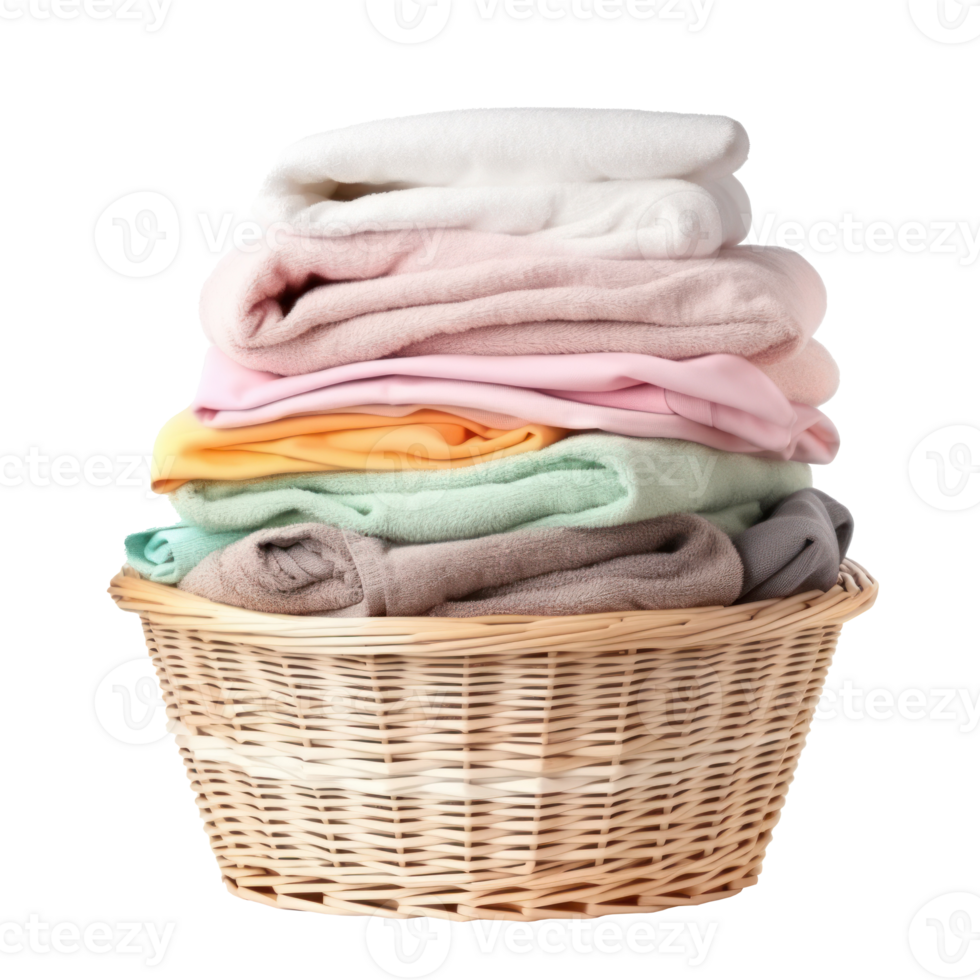 Wicker basket with clean laundry isolated png