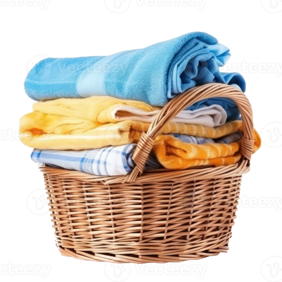 Wicker basket with clean laundry isolated png