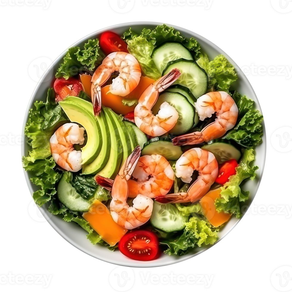 Salad from green leaves mix and vegetables with avocado and shrimps isolated png