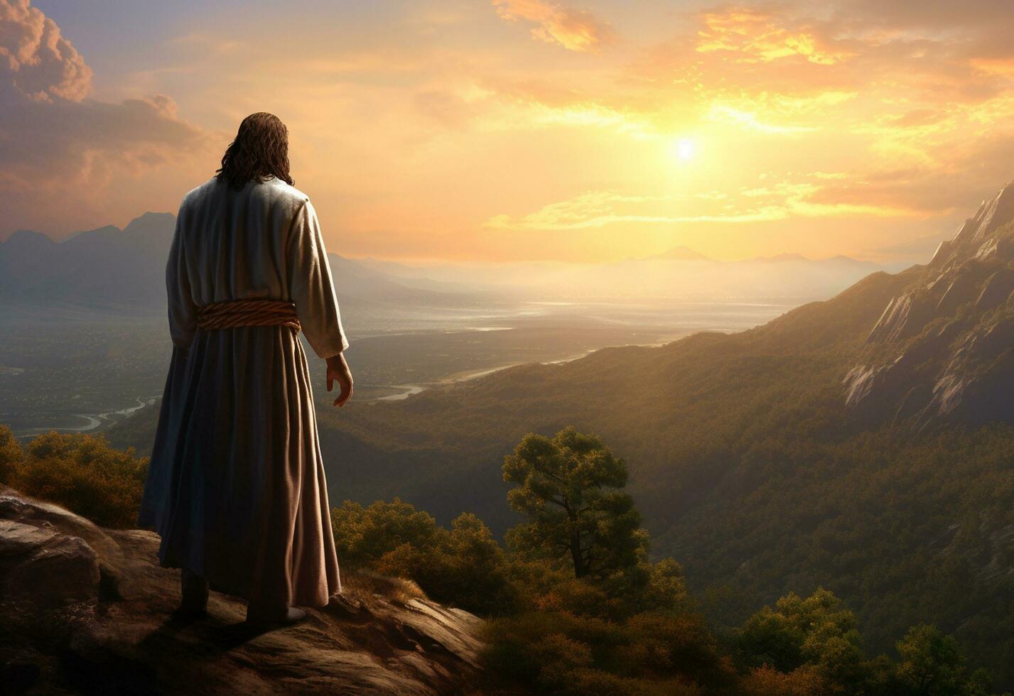 Ai generative Jesus Christ in the Hills at Sunset in Bolta realistic image, ultra hd, high design very detailed 8K photo
