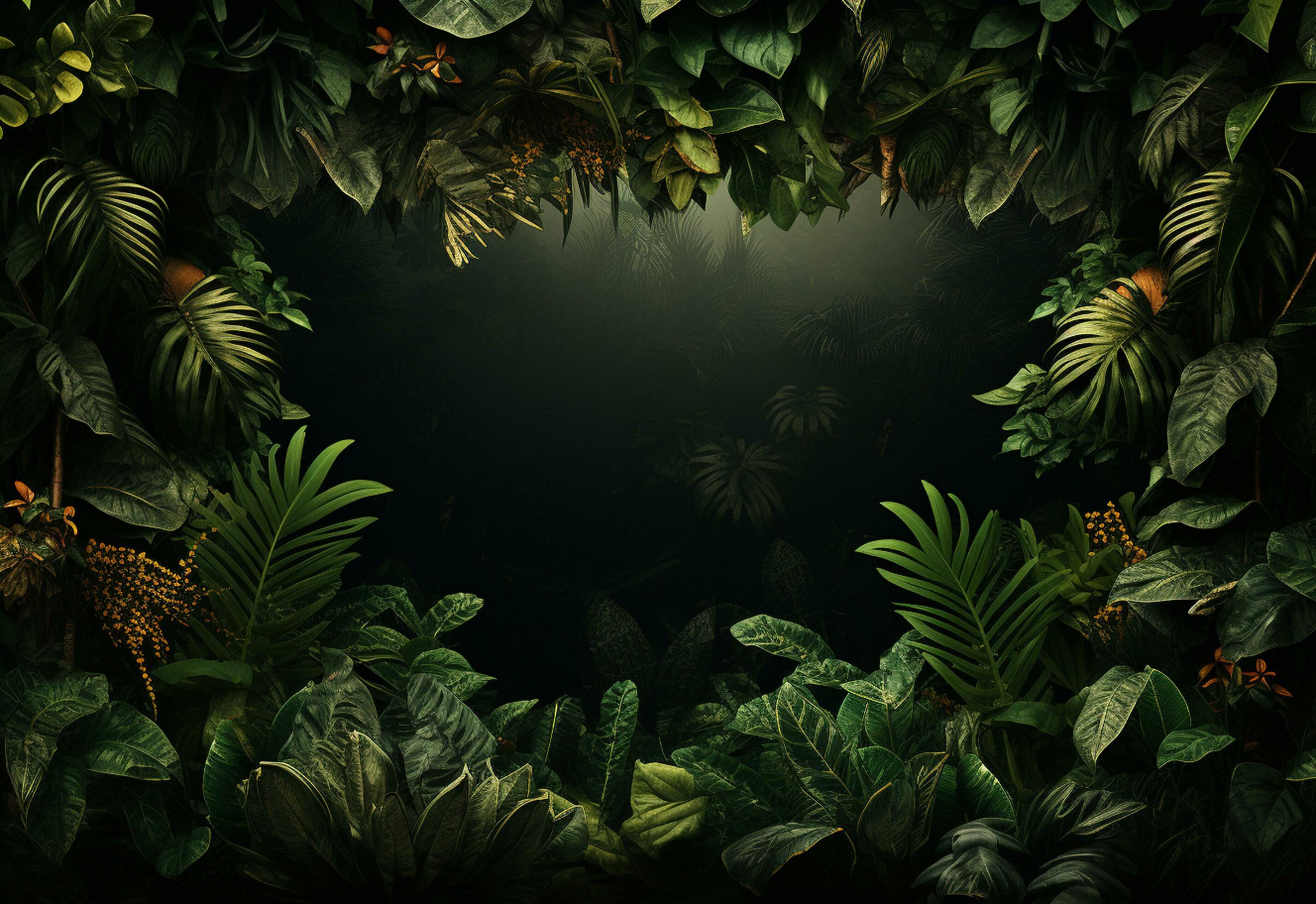 Beautiful jungle background with border made of tropical leaves