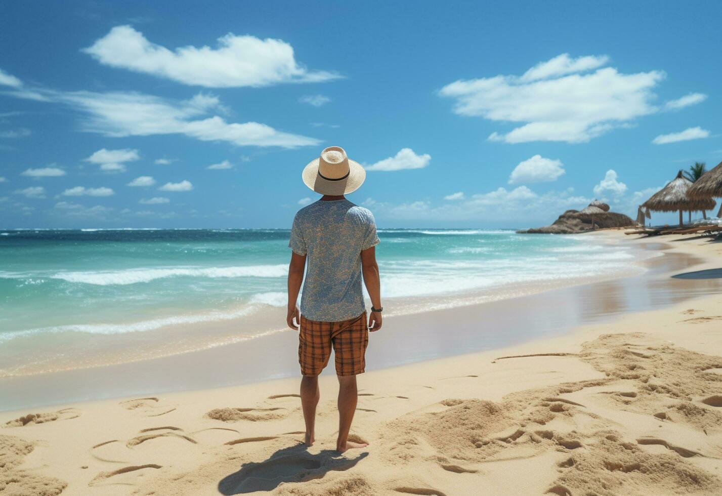 Ai generative back view young tourist man in summer dress and hat standing on beautiful sandy beach. enjoying. photo