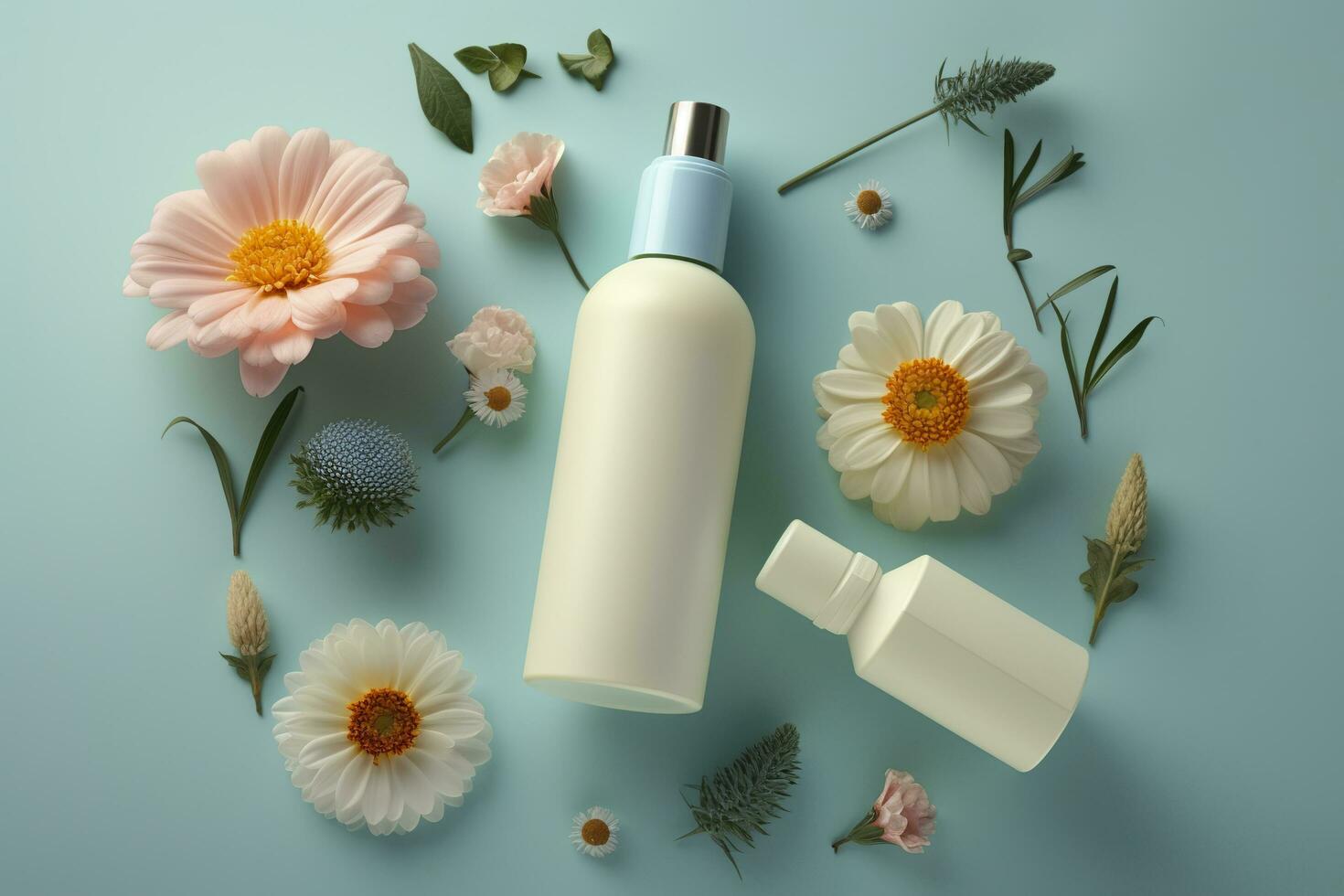 Fresh floral skincare concept. Top view flat lay of pump bottle, pipette, cream bottles, and tubes with flowers on pastel blue background with an empty circle for text or branding. AI Generative photo