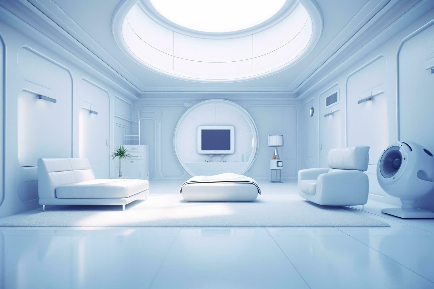 A professional and eye catching light blue with white living room in the metaverse, futuristic, AI Generative photo