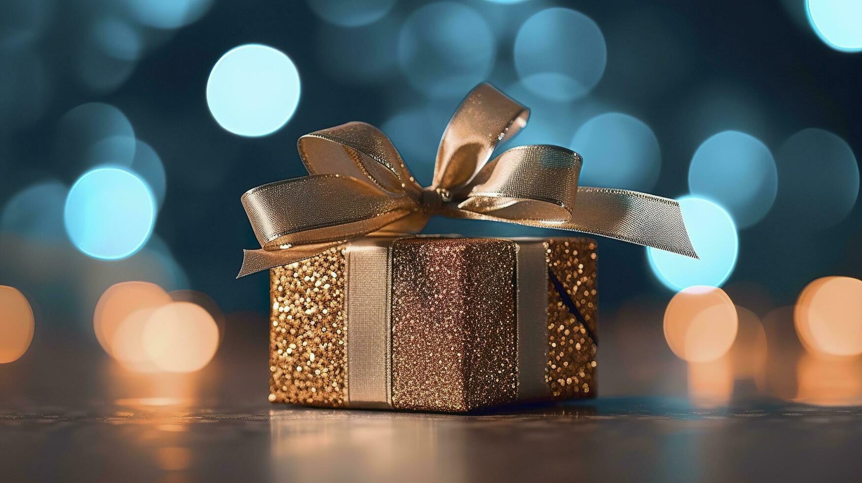 Festive gift box against bokeh background. Holiday greeting card. Typically used for birthday, anniversary presents, gift cards, post cards. AI Generative photo