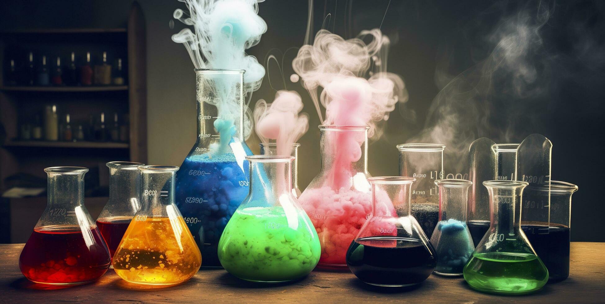 chemistry experiment with Laboratory flasks. AI Generative photo