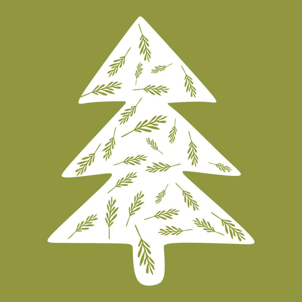 Christmas tree Silhouette with Green branches. Christmas seasonal elements. Vector illustration isolated on white background for Greeting card, Poster, banner.