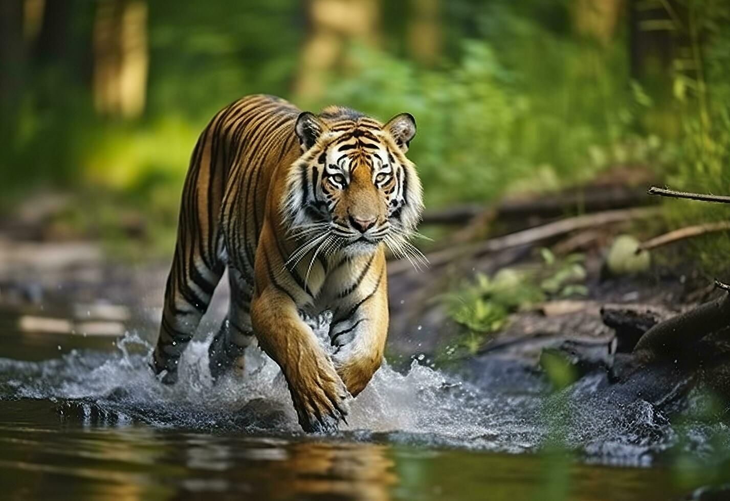 Amur tiger walking in the water. Dangerous animal.  Animal in a green forest stream. Generative AI photo