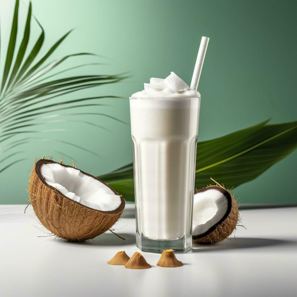 Coconut milk shake glass with fresh sliced coconut. Generative AI photo