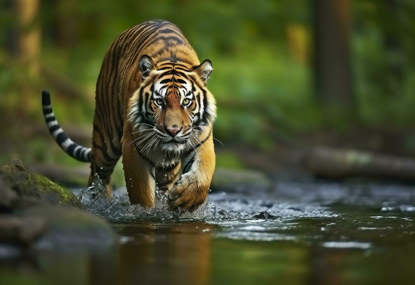 Amur tiger walking in the water. Dangerous animal.  Animal in a green forest stream. Generative AI photo