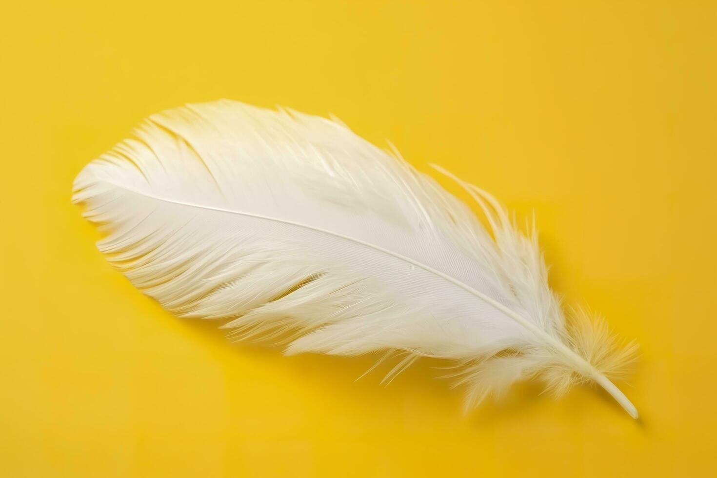 Close up of bright white feather. Copy space, yellow background. Fashion and Party concept. AI Generative photo