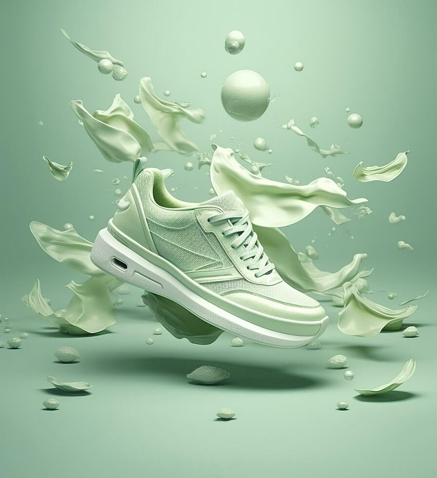 Fresh fly running shoes in water and wind in the style of natural patterns light white and light indigo ethereal illustration light blue and light green delicate still life. AI Generative photo
