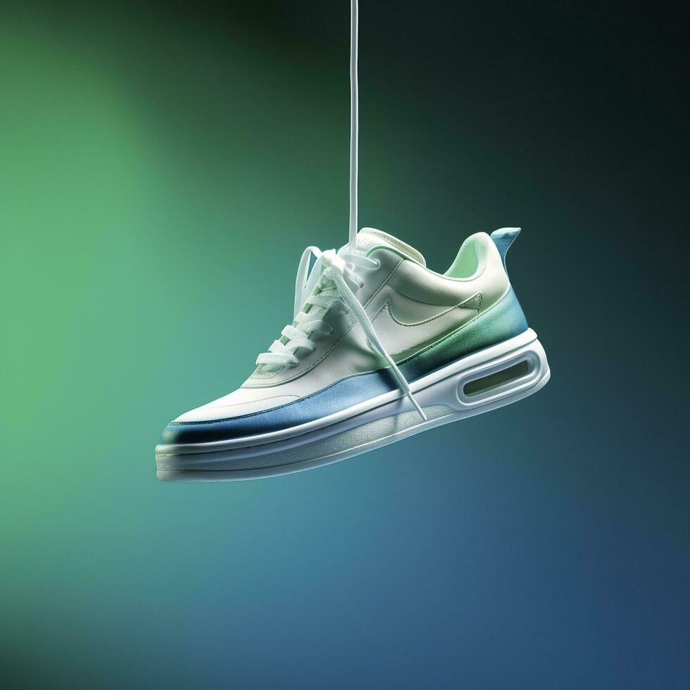 A white, blue, and green casual shoe is suspended in the air, in the style of hazy, dreamlike quality, AI Generative photo