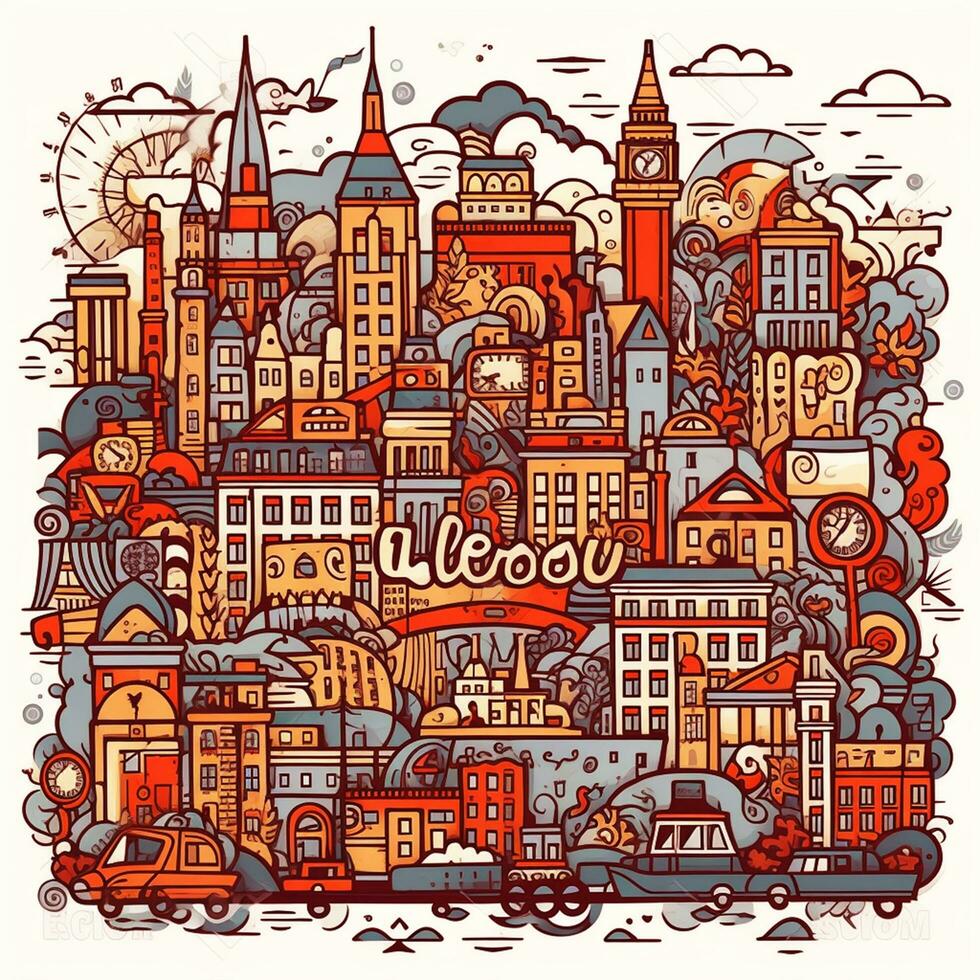 illustration of doodle london cityscape in cartoon photo