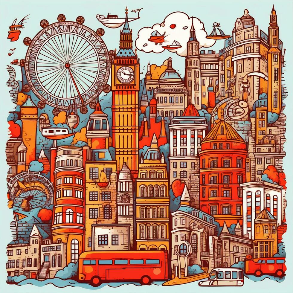 ilustración de garabatear Londres paisaje urbano en dibujos animados foto