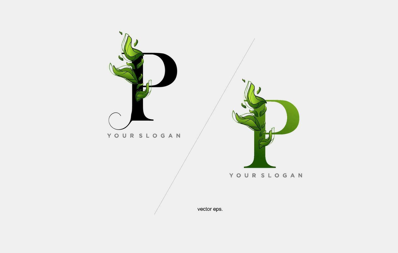 a green letter P with leaves and leaves vector