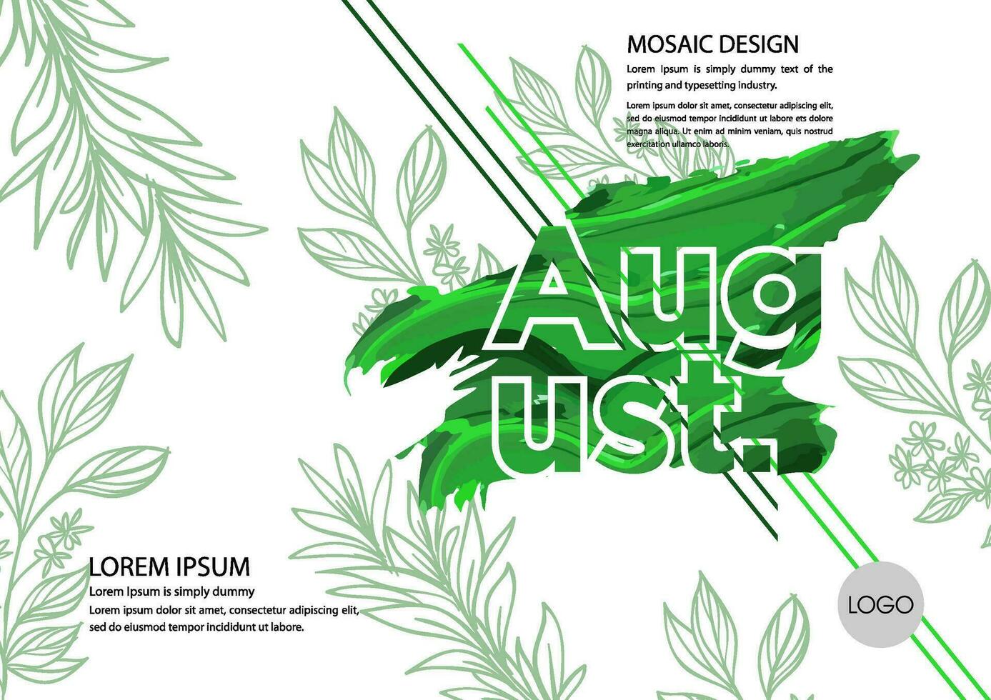 agosto calendario con verde hojas y texto vector