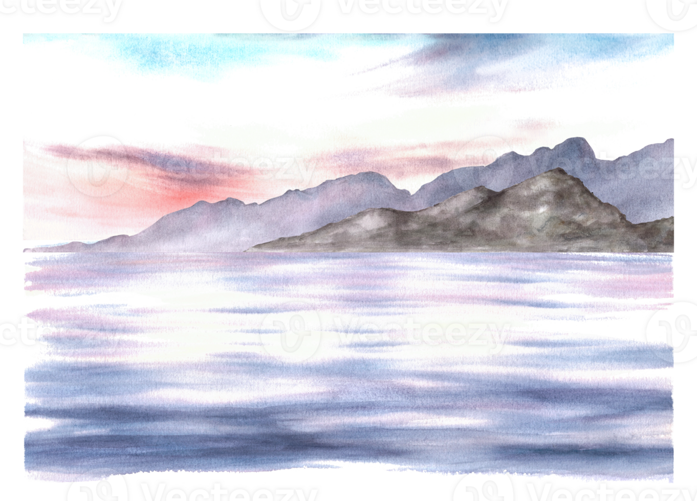 Nautical watercolor landscape. Adriatic seascape, sunset sky, mountain silhouettes, reflection. Hand drawn illustration. For postcards, printing, poster, photo wallpaper png