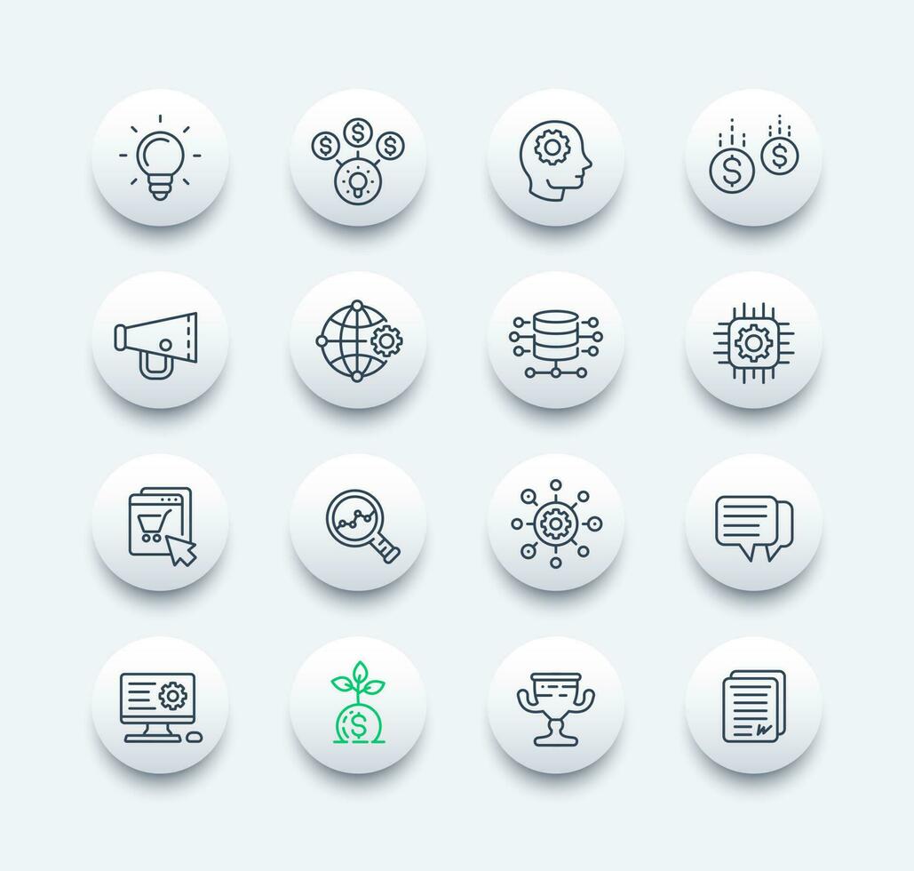 startup, idea, initial capital, e-commerce, line icons set vector