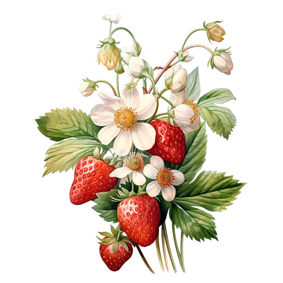 Sanft Aquarell realistisch Erdbeere, Erdbeere mit Baum, Erdbeere png, transparent Hintergrund, ai generativ png