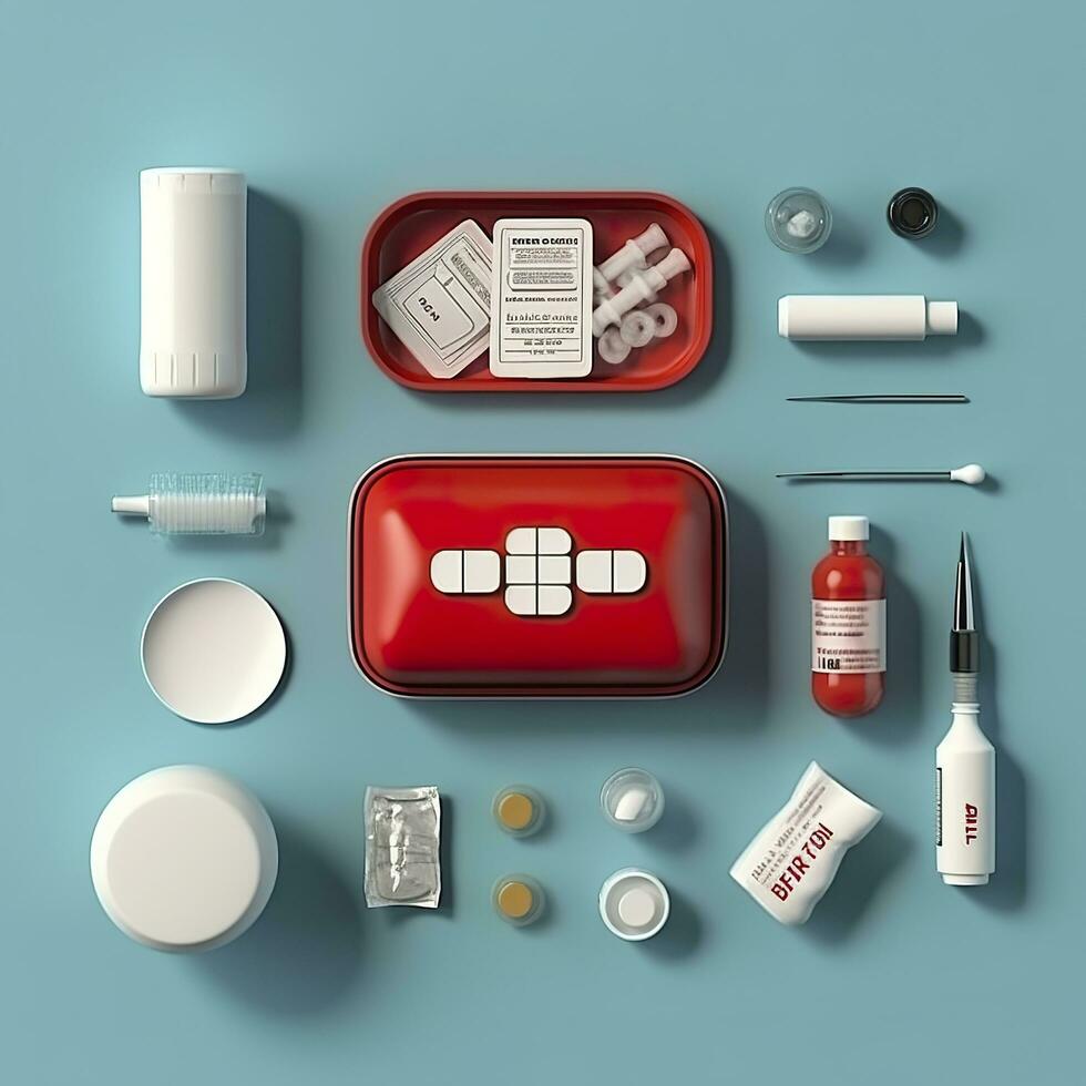 First aid kit top view on a blue background. Pills, plaster, thermometer, bandage, are laid out nearby, 3d render, AI Generative photo