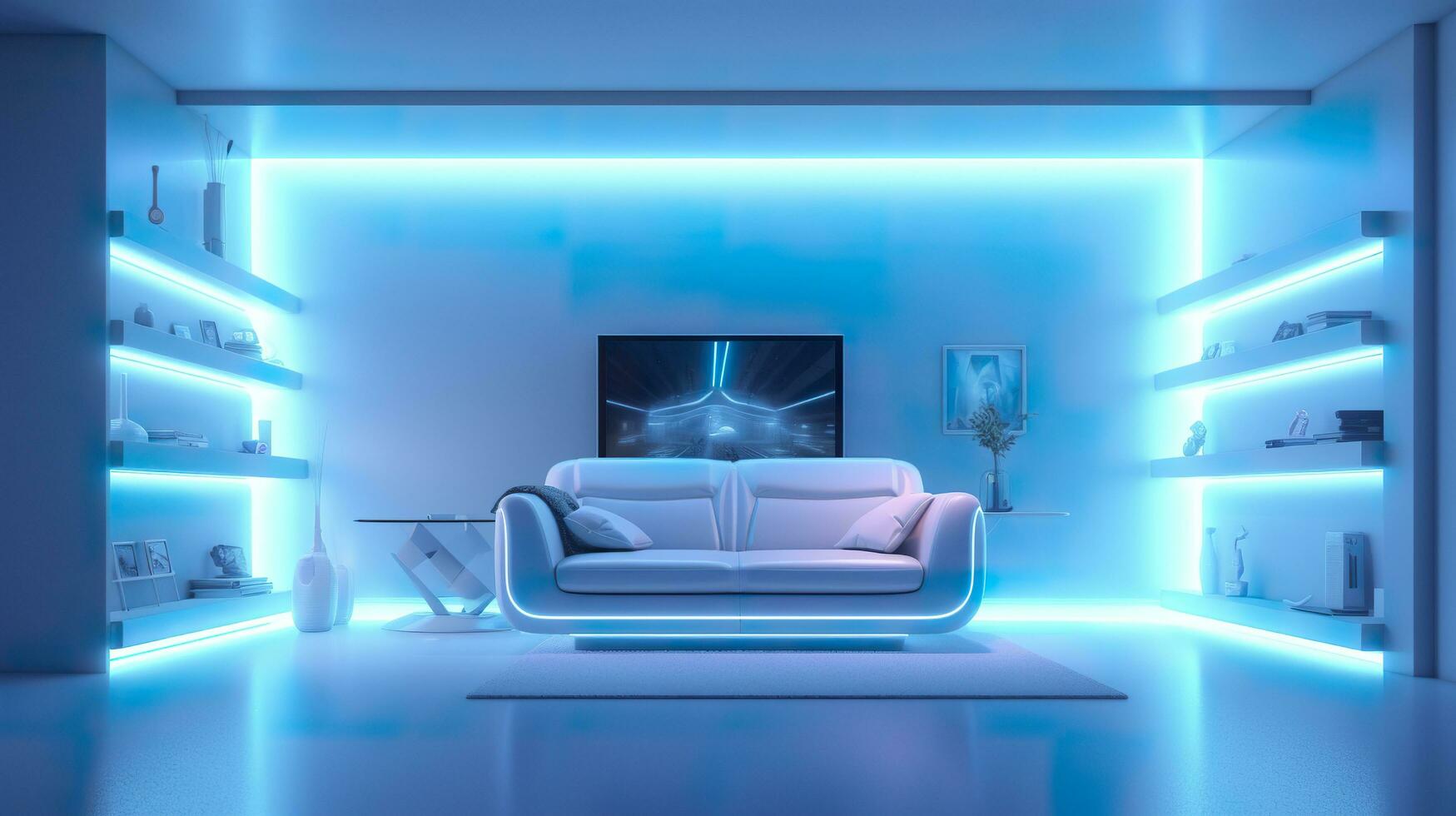 Empty Wall in a Futuristic Sci Fi Living Room with Light Yellow, Light Cyan, and Light Blue Neon. AI Generative photo