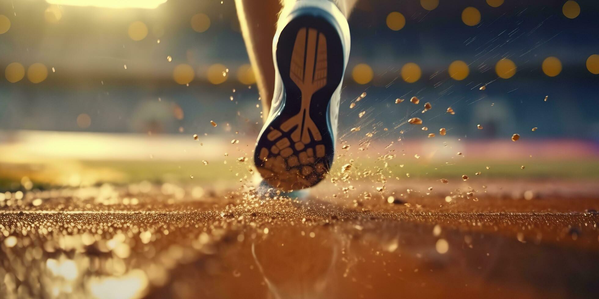 Runner feet running on a stadium, closeup on feet, sports background, space for copy, AI Generative photo