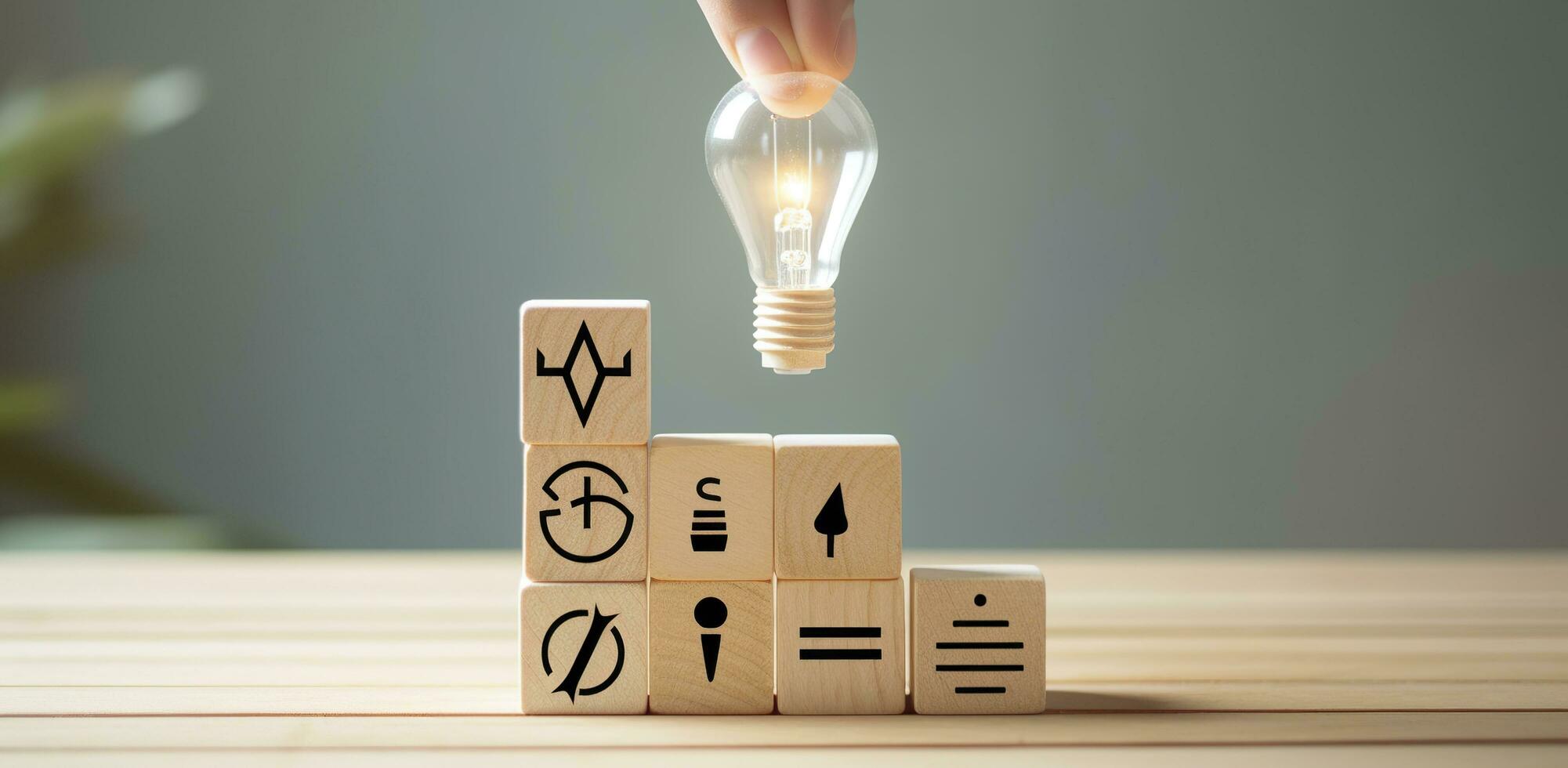 Creative idea, solution and innovation concept. Idea generation for business development. Wooden cube blocks with light bulb and cycle icons on clean background and copy space. AI Generative photo
