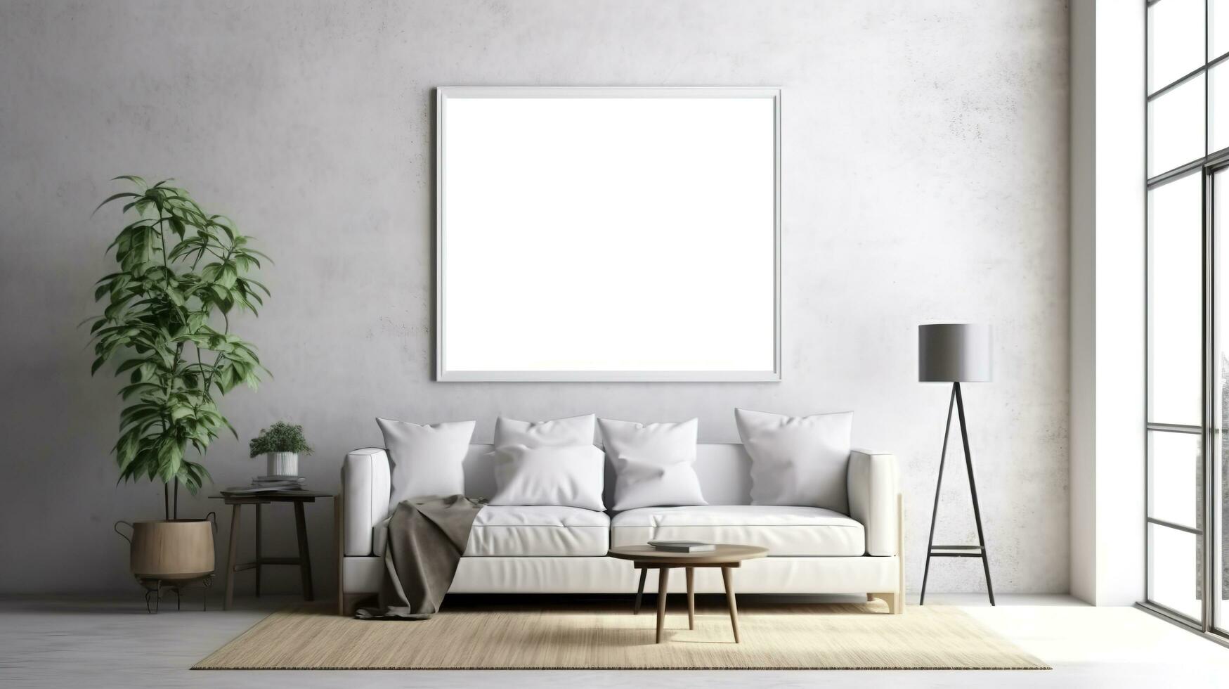 Modern cozy mock up and decoration furniture of living room and empty canvas frame on the white wall texture background, 3D rendering. AI Generative photo