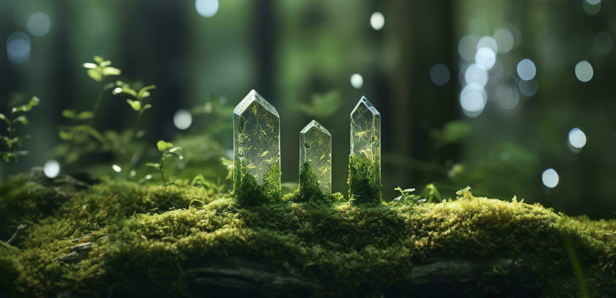 Crystals with moon phases image of moss in a mysterious forest, natural background. Generative AI photo