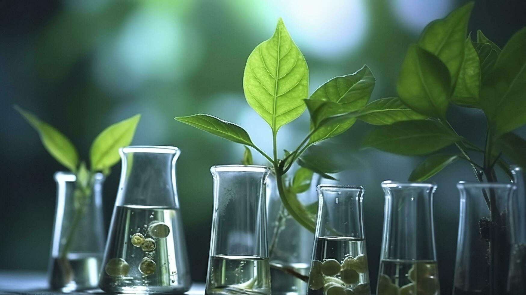 Biotechnology concept with green plant leaves, laboratory glassware, and conducting research, illustrating the powerful combination of nature and science in medical advancements.  AI Generative photo