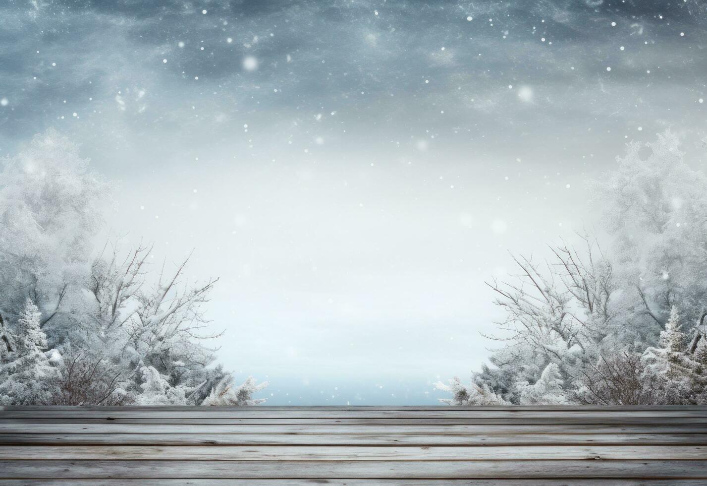 Wooden wood board and snow background photo