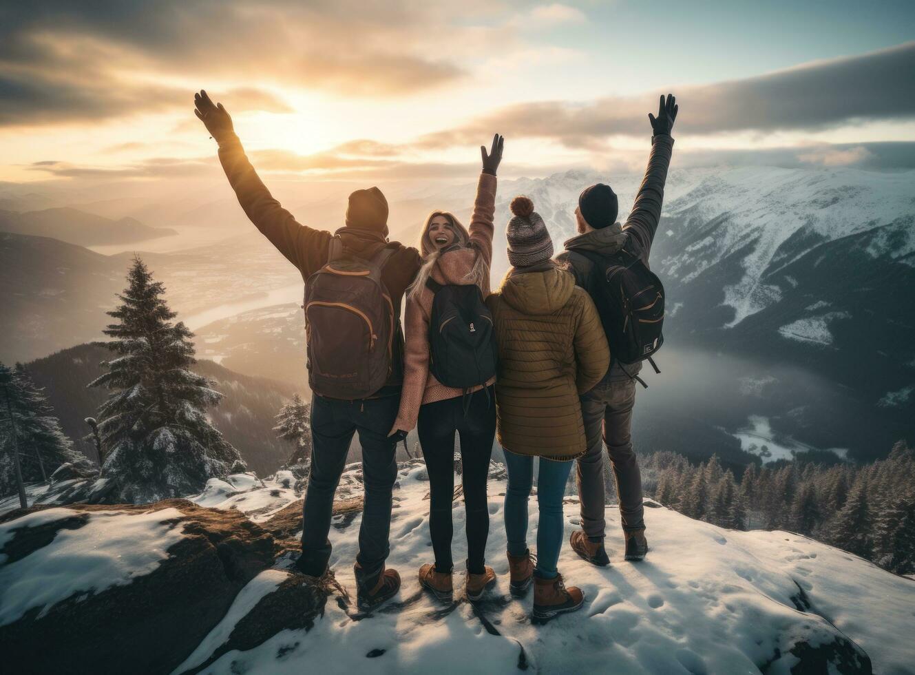 Friendship group walking together with arms up on snowy mountain rock photo