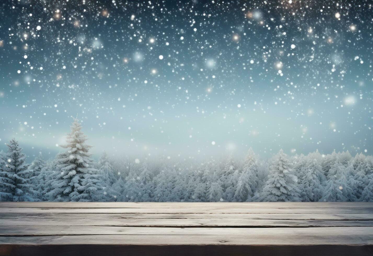 Wooden wood board and snow background photo