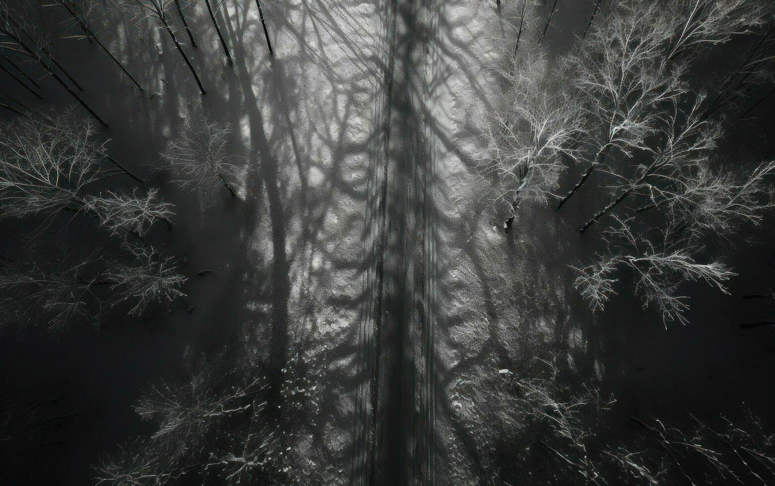 aéreo ver de un bosque por nieve cubierto la carretera foto