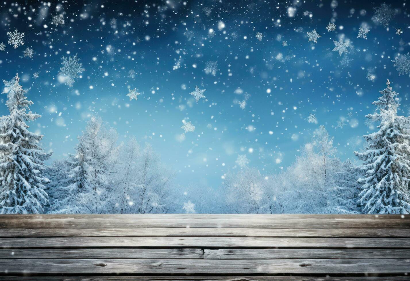 Wooden wood board and snow background photo