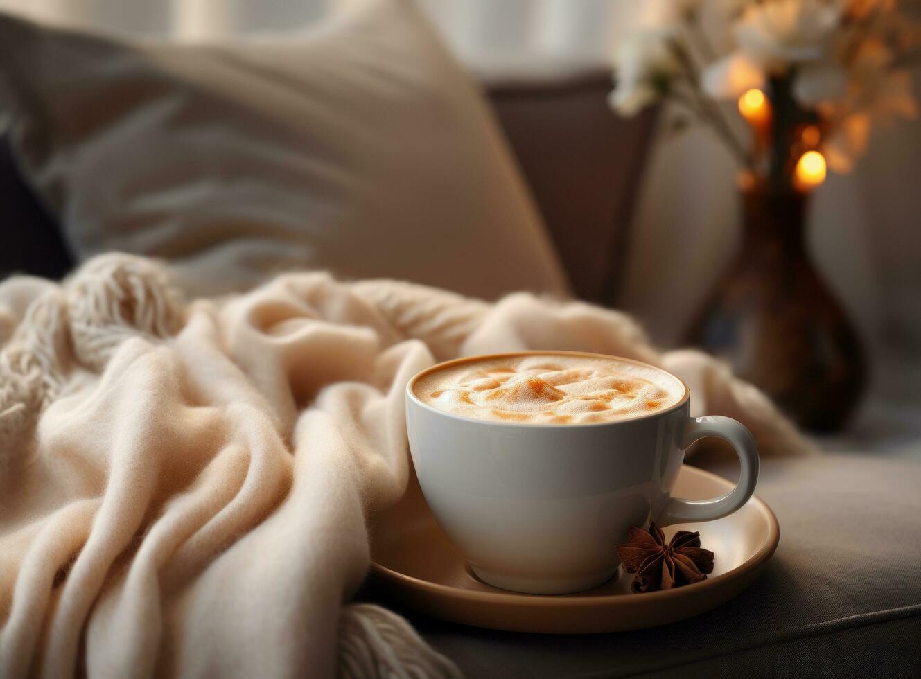 Cozy winter background with cup od coffee photo
