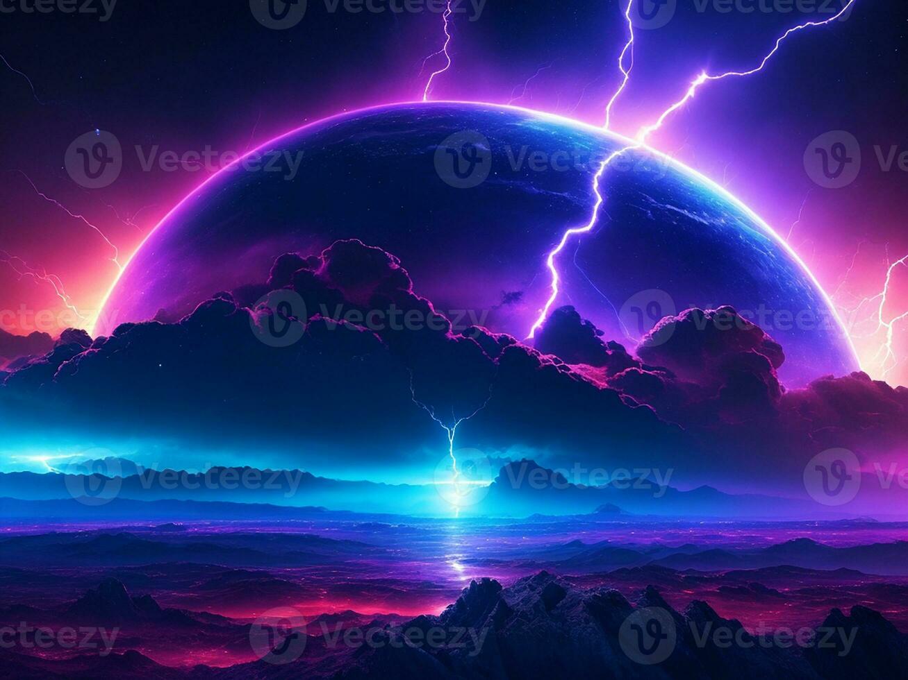 Planet in space neon colors lightning flashes in the sky. Generative AI photo